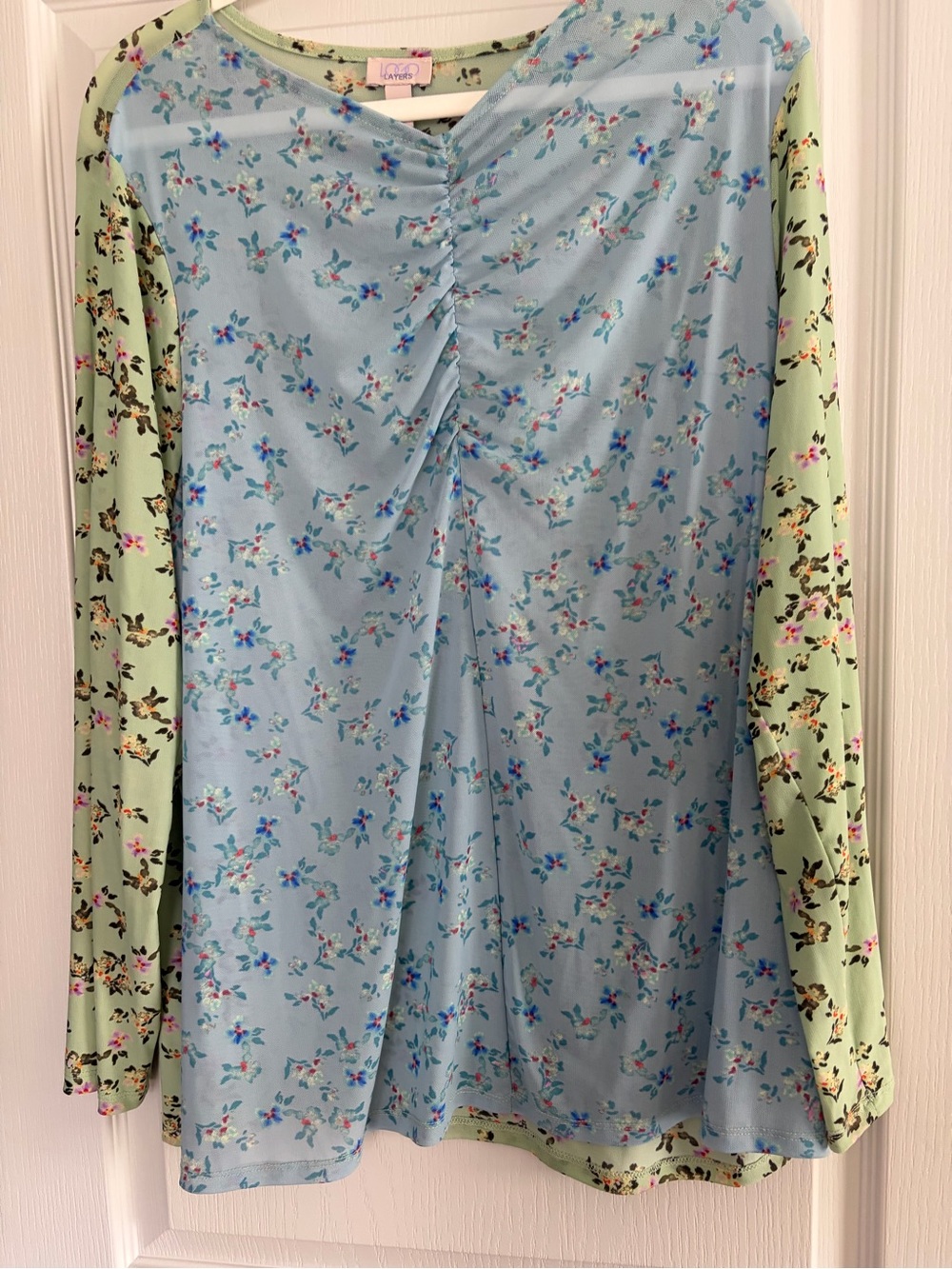 LOGO by Lori Goldstein Blue and Light Green Floral Mixed-Sleeve Long Sleeve Top